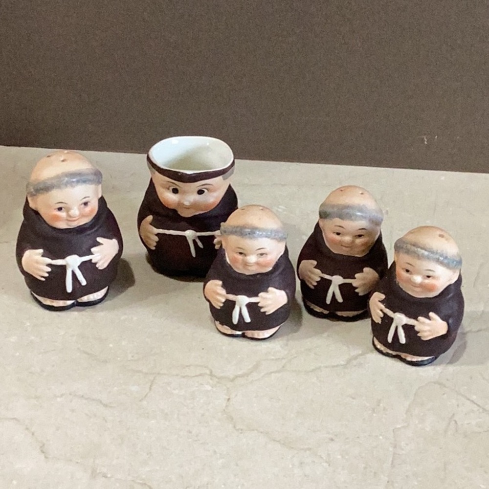 Friar Tuck Goebel Germany creamer, pepper and 3 salt shakers